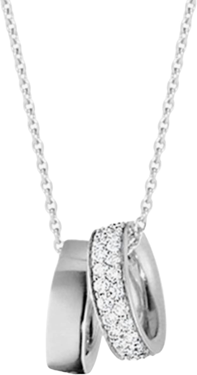 ZOYA JEWELRY DESIGN Double Ring Pendant 925 Sterling Silver Necklace - 18K Gold Plated Interlocking Circle Chain Necklace for Women with Cubic Zirconia – Hypoallergenic Silver Jewelry Gift (WX1230)
