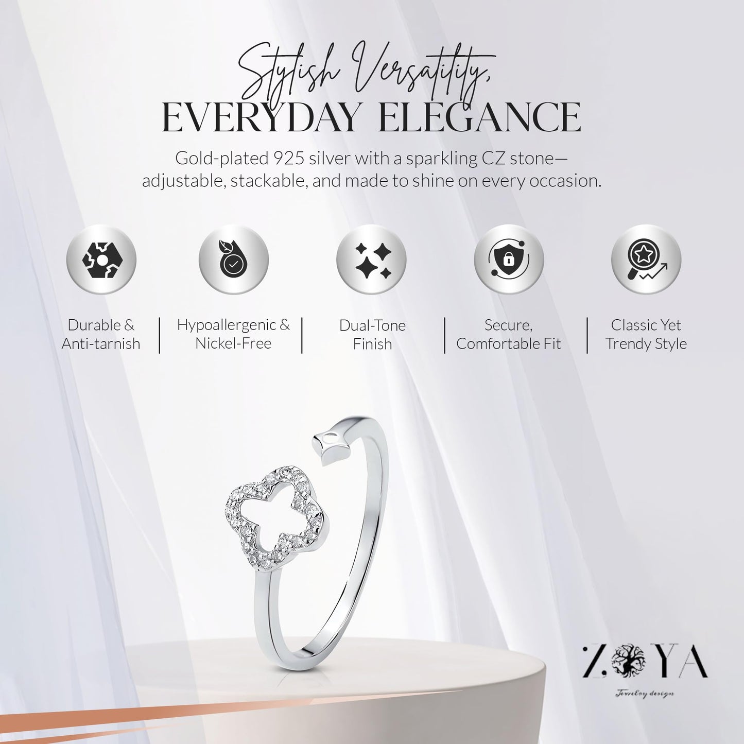 ZOYA JEWELRY DESIGN 925 Silver and Gold Plated Ring for Women | Adjustable Dainty Fashion Jewelry with Cubic Zirconia | Elegant Stackable Minimalist Ring for Women